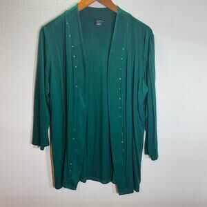 IMAN Green Open Front Cardigan L Long Sleeve Stud Detail Soft Stretch Duster